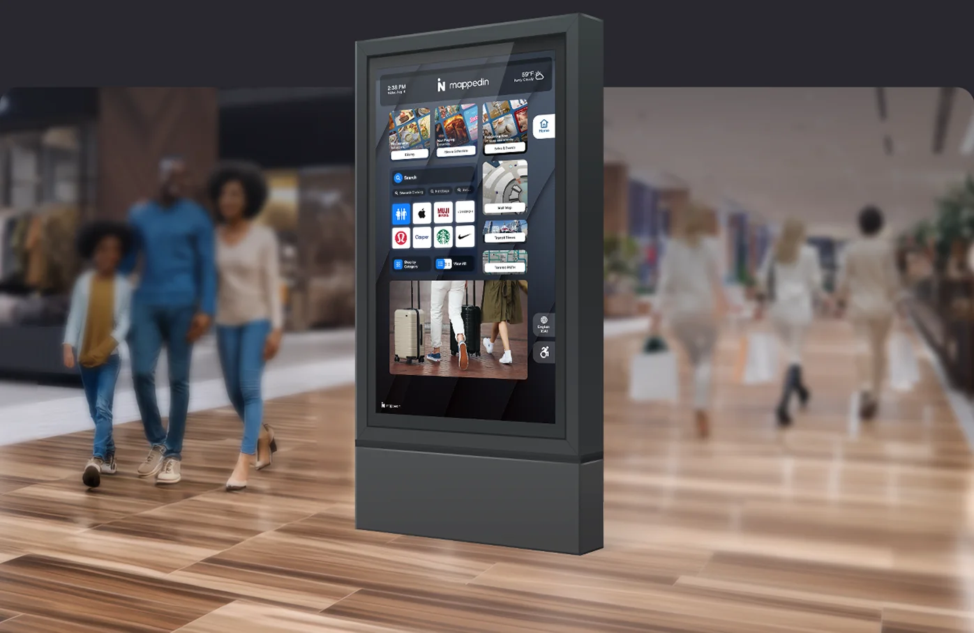 Interactive kiosk display showing indoor wayfinding