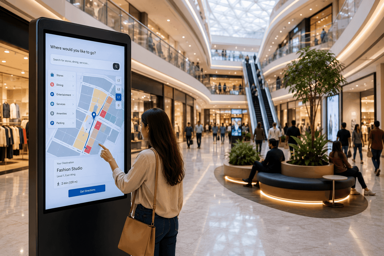 Interactive wayfinding kiosk in a bright modern shopping mall atrium with multi-level retail spaces and visitors navigating the venue.